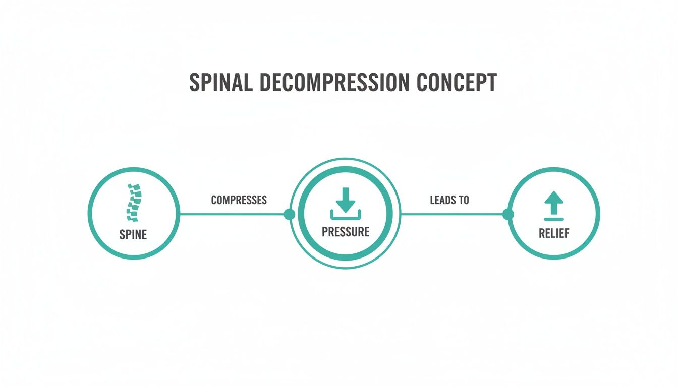 A flowchart illustrating the spinal decompression concept: spine compression leads to pressure, which then leads to relief.