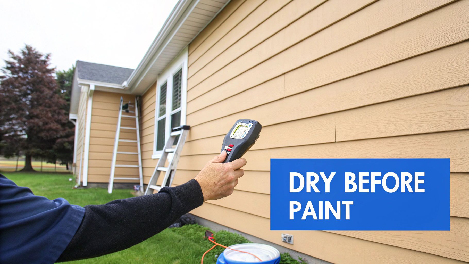 A person uses a moisture meter on house siding before painting, emphasizing 'dry before paint'.