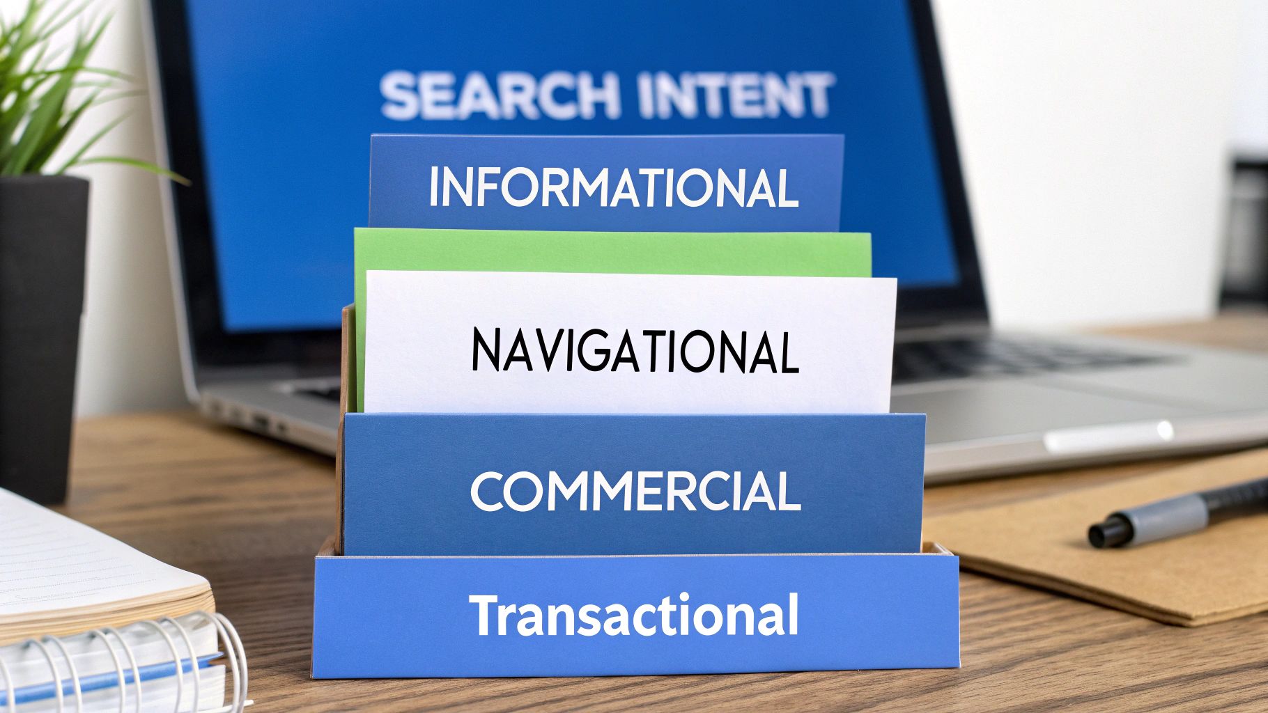 A desk with a laptop displaying 'SEARCH INTENT' and cards detailing informational, navigational, commercial, and transactional search intents.