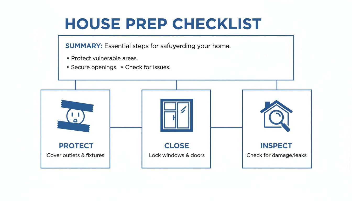 A house preparation checklist with steps to protect outlets, close windows and doors, and inspect for damage.