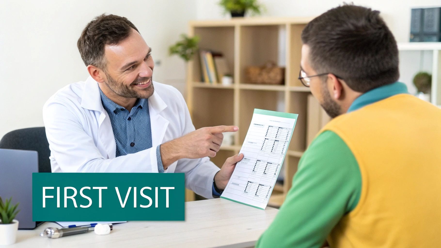 A smiling doctor in a white coat explains a document to a patient during their first visit.