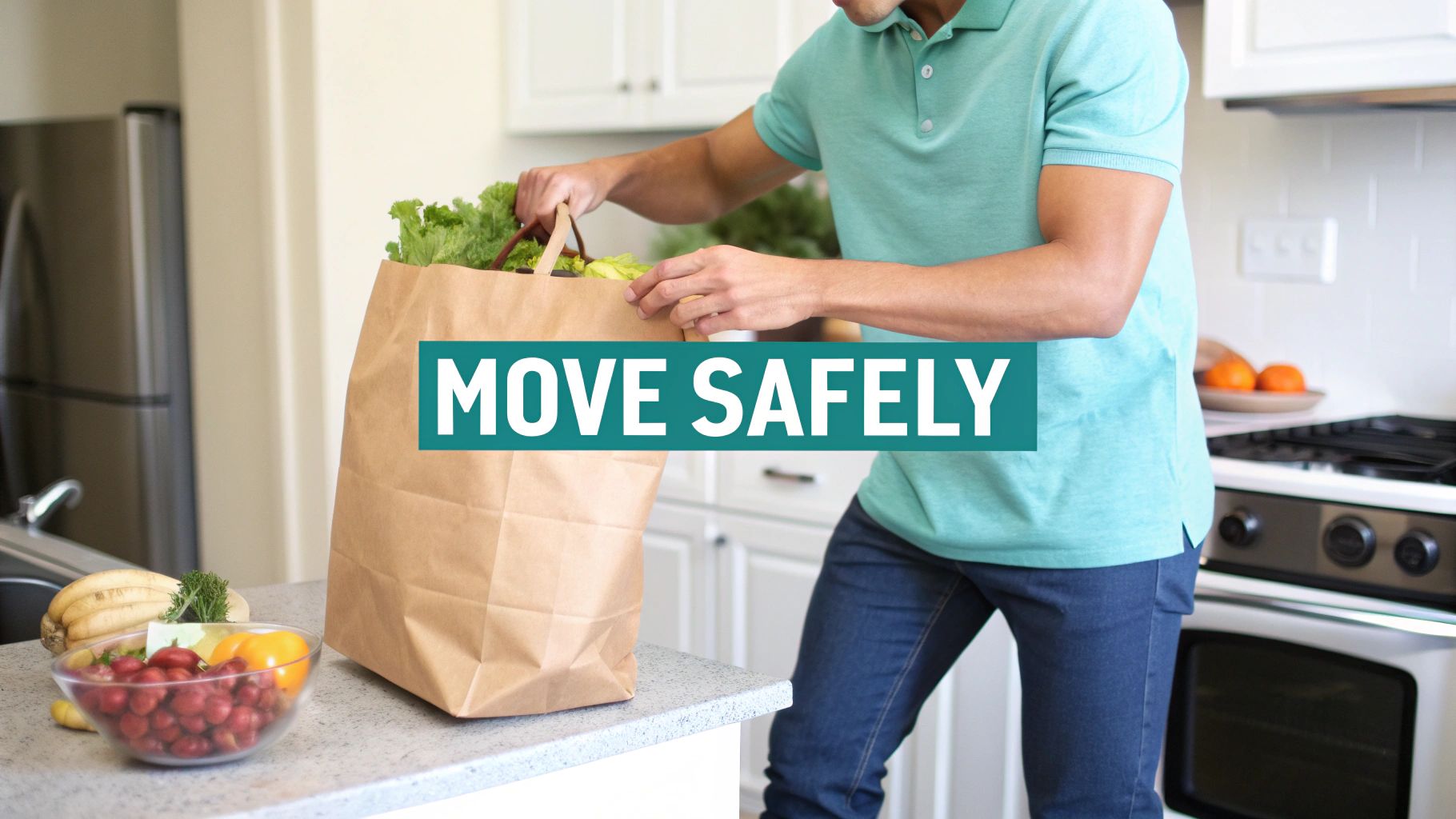 Man unpacking groceries from a paper bag in a kitchen, with fresh produce on the counter and 'MOVE SAFELY' text.