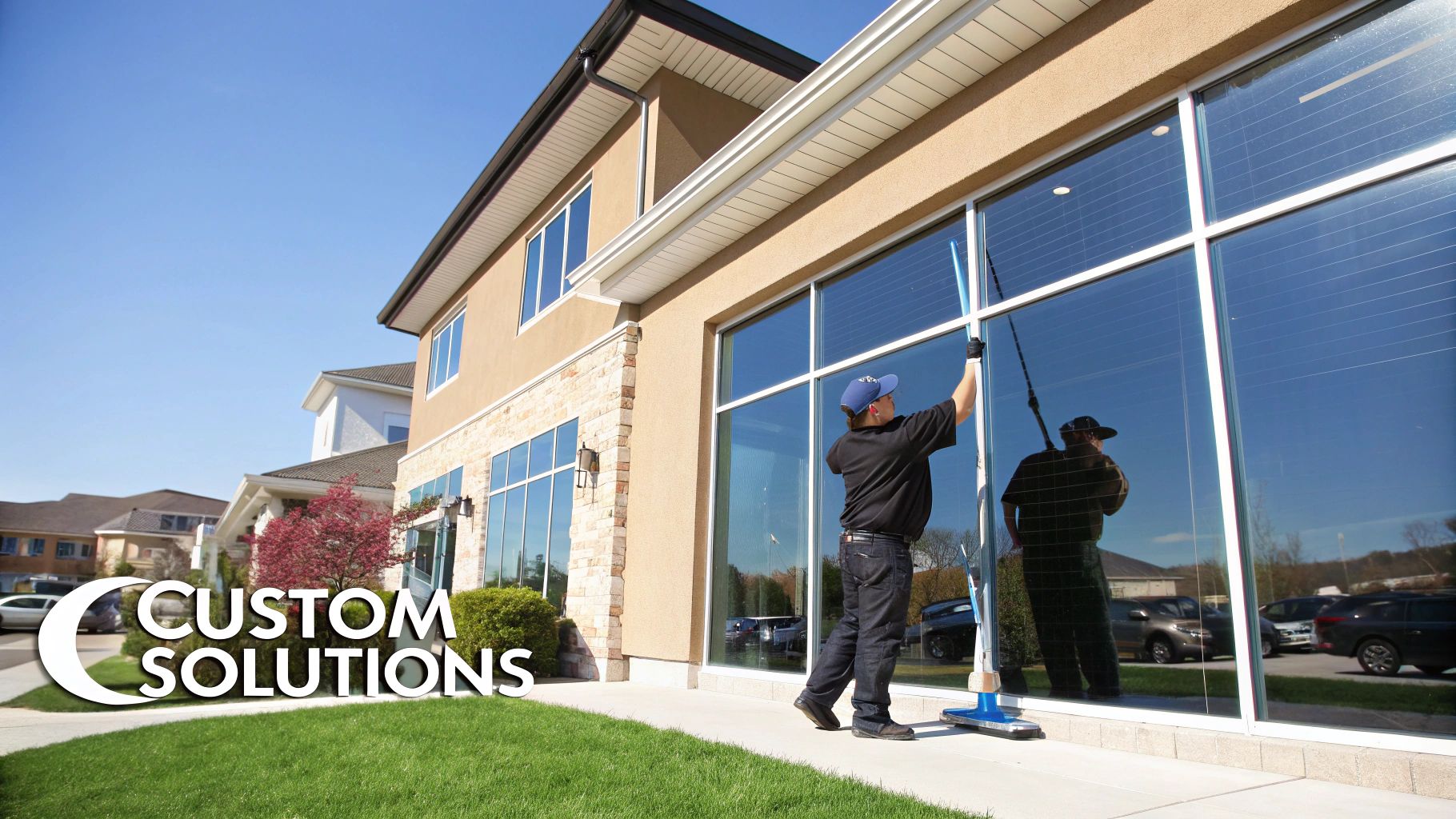 A professional window cleaner using a long pole to clean large windows on a modern building.
