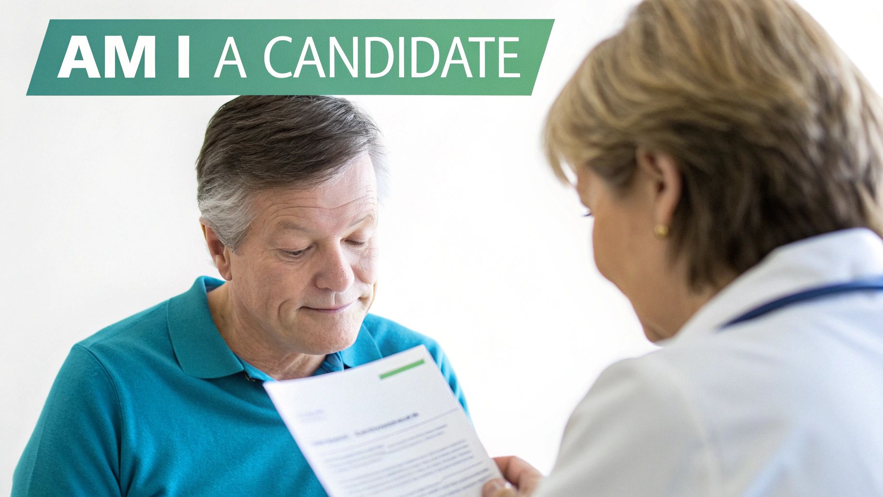 A man in a blue shirt consults with a doctor about being a candidate for a medical procedure.