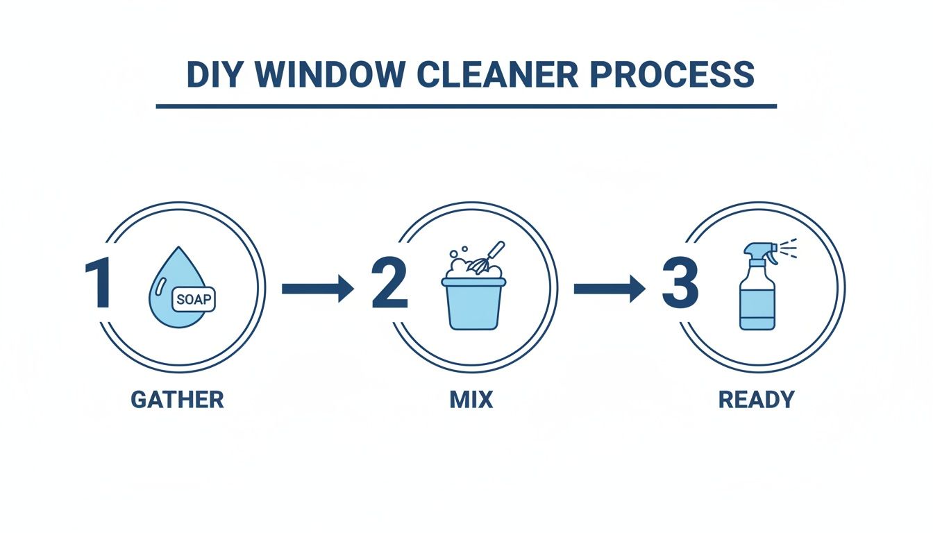 An infographic showing the three-step DIY window cleaner process: gather ingredients, mix, and prepare a spray bottle.