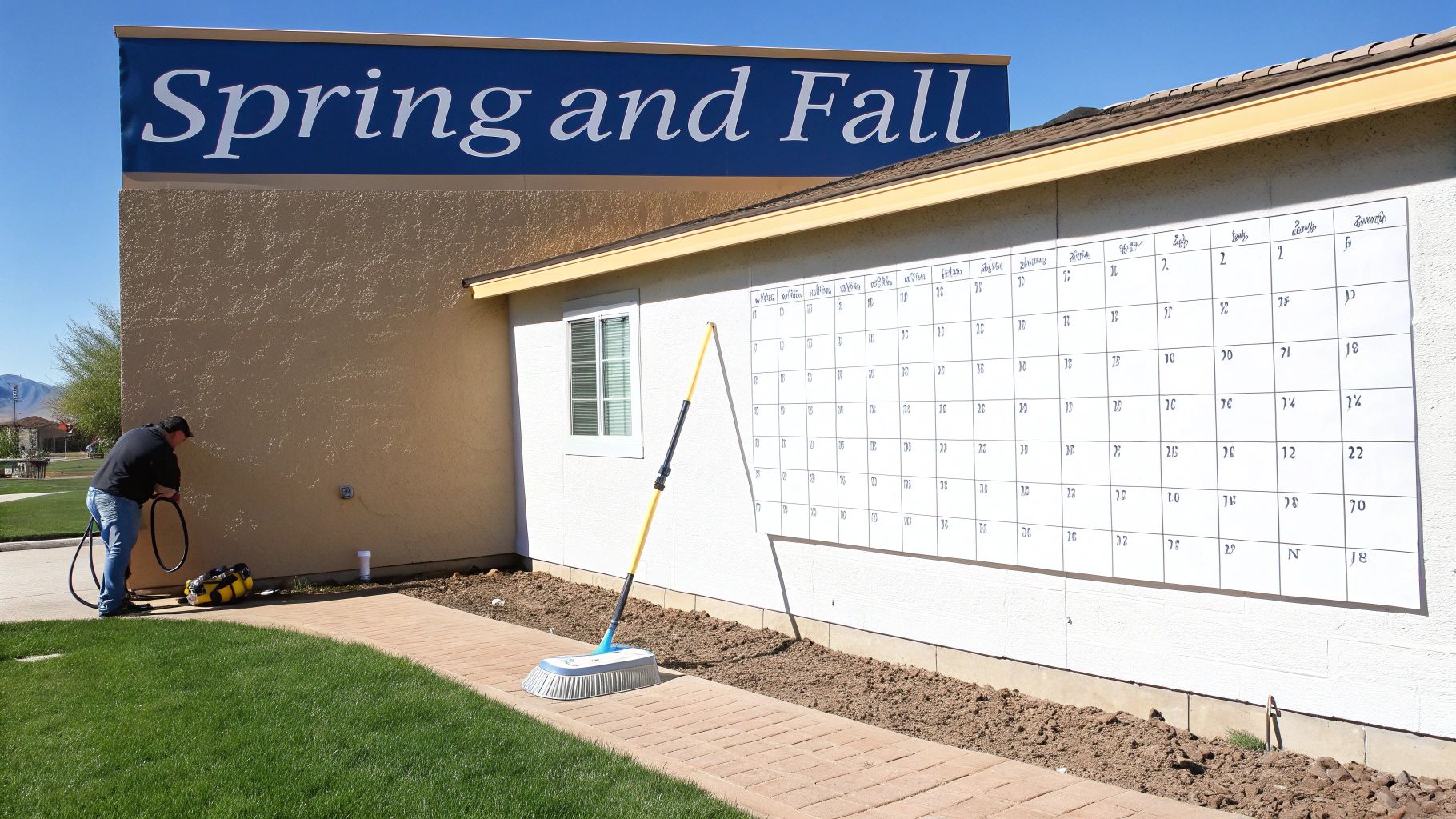 A person power washes a building wall with a large calendar and 'Spring and Fall' sign.