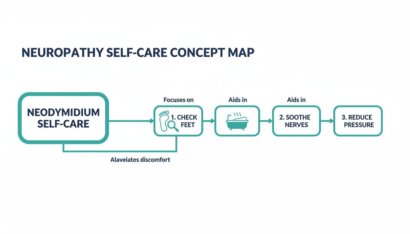Concept map illustrating neuropathy self-care steps: check feet, soothe nerves, and reduce pressure.