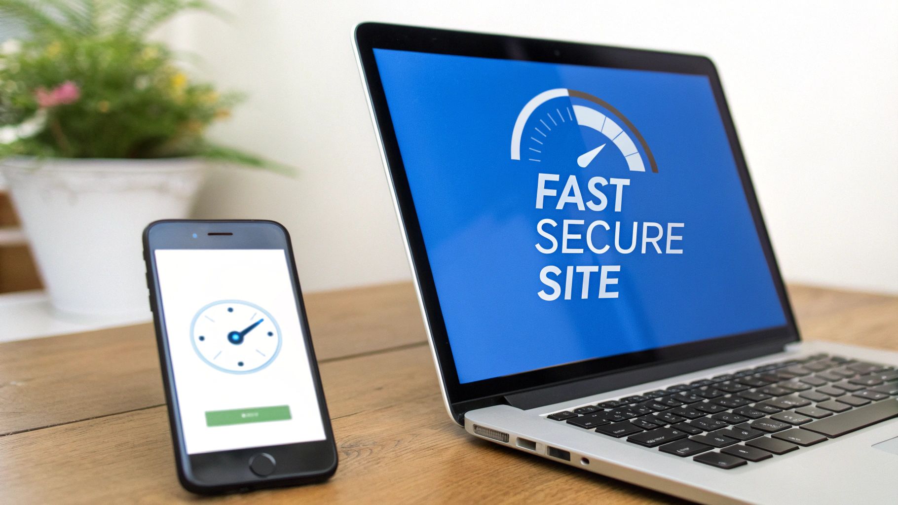 A laptop displaying "FAST SECURE SITE" with a speed gauge, alongside a smartphone showing a clock on a desk.