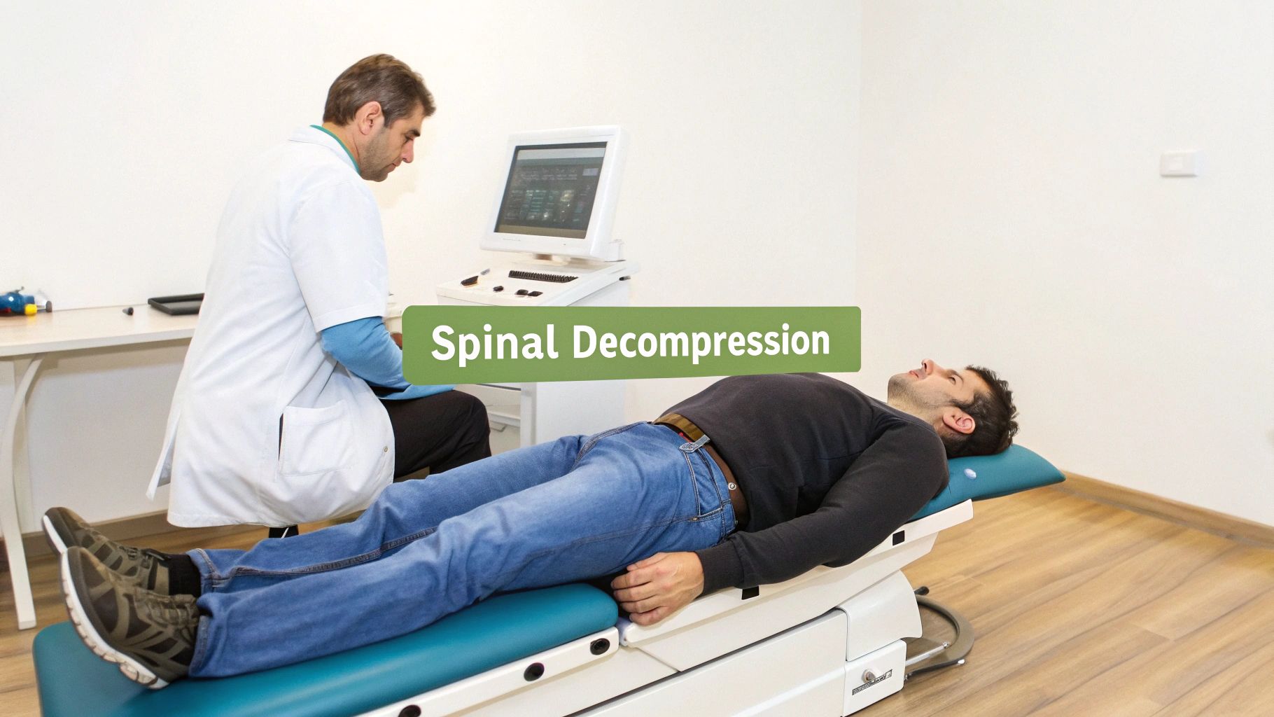 A doctor observes a patient lying on a medical bed during a spinal decompression session.