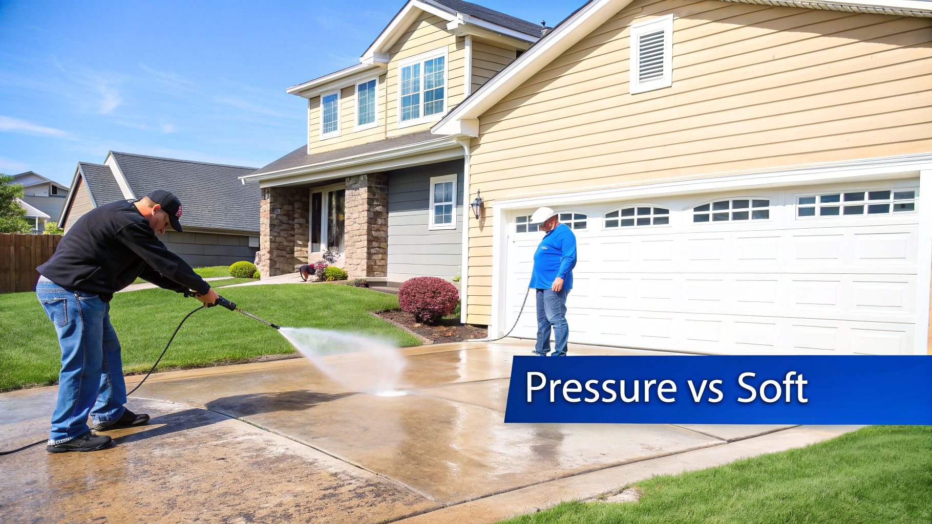 A man pressure washing a concrete driveway in front of a house, with another man standing nearby.
