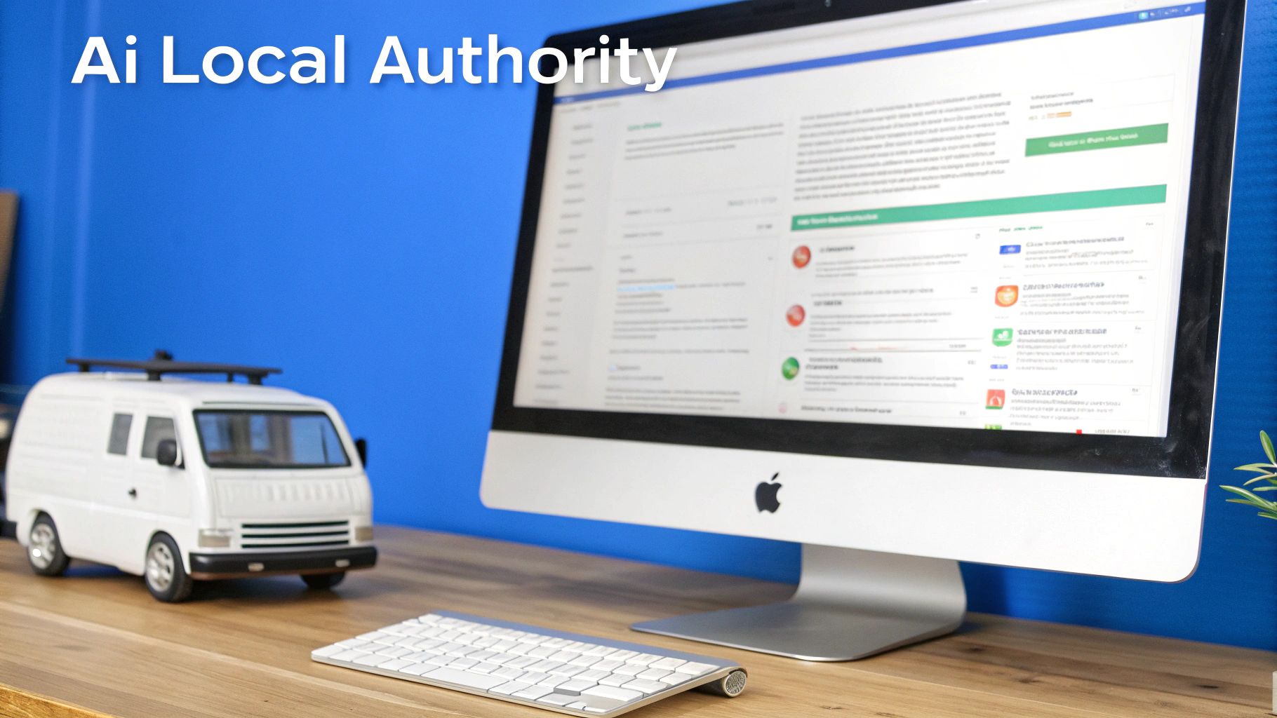 An iMac with a keyboard and a white toy van on a desk, featuring 'Ai Local Authority' text.