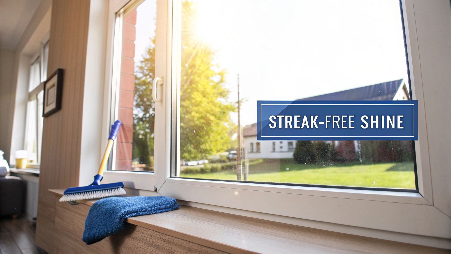 A clean window shines brightly with sunlight, next to a window cleaning brush and a blue cloth.