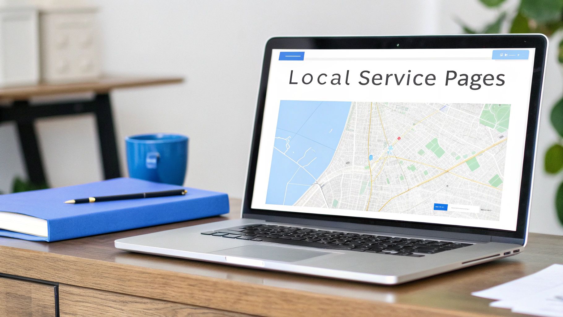 Laptop on a wooden desk displaying 'Local Service Pages' with a map, next to a blue notebook and mug.