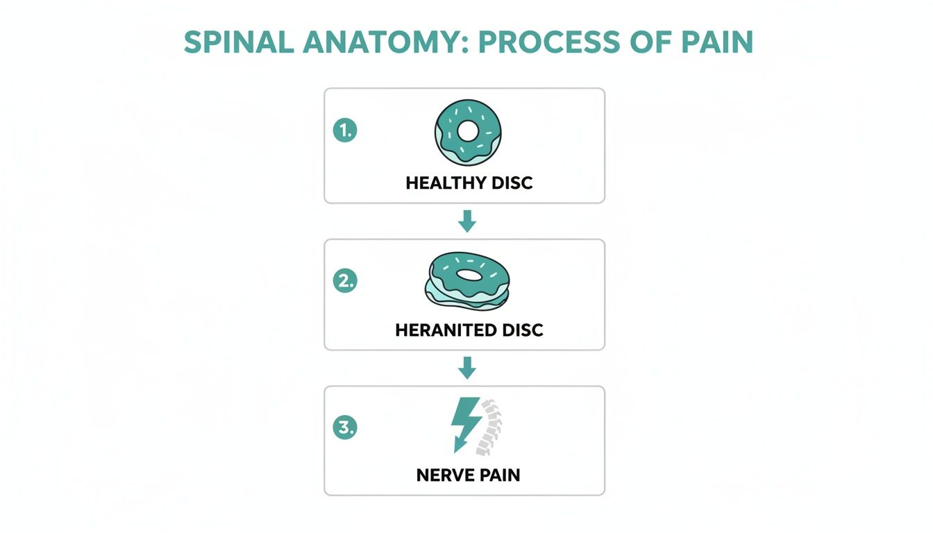 A flowchart illustrating the three-step process from a healthy spinal disc to a herniated disc, resulting in nerve pain.