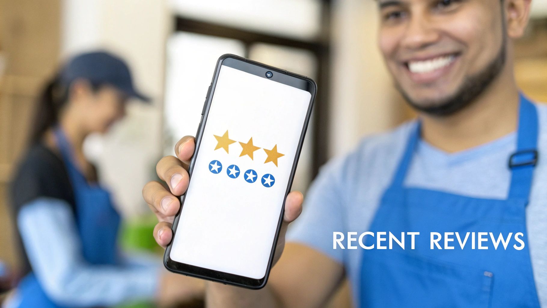 A smiling person in an apron holds a smartphone displaying customer reviews with stars and "RECENT REVIEWS" text.