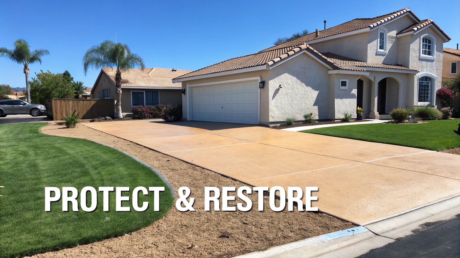 A well-maintained suburban house with a clean, tan concrete driveway, green lawn, and blue sky.