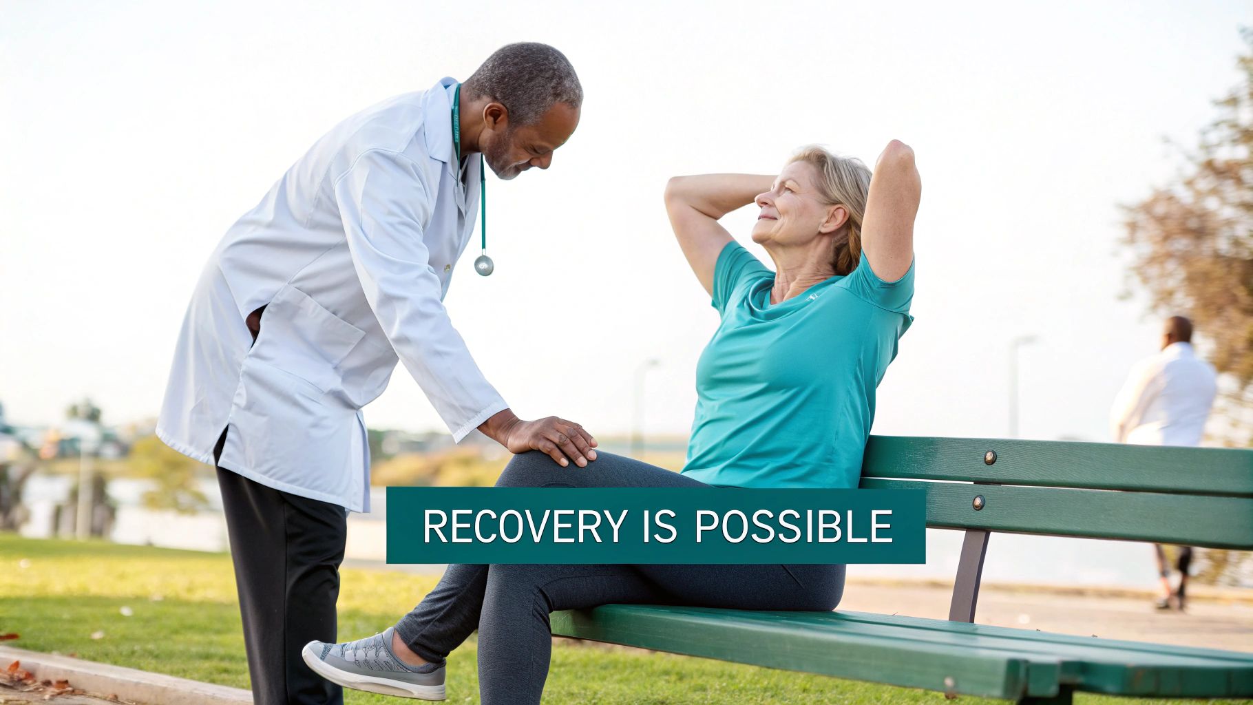 A doctor discusses recovery with a smiling female patient relaxing on a park bench.