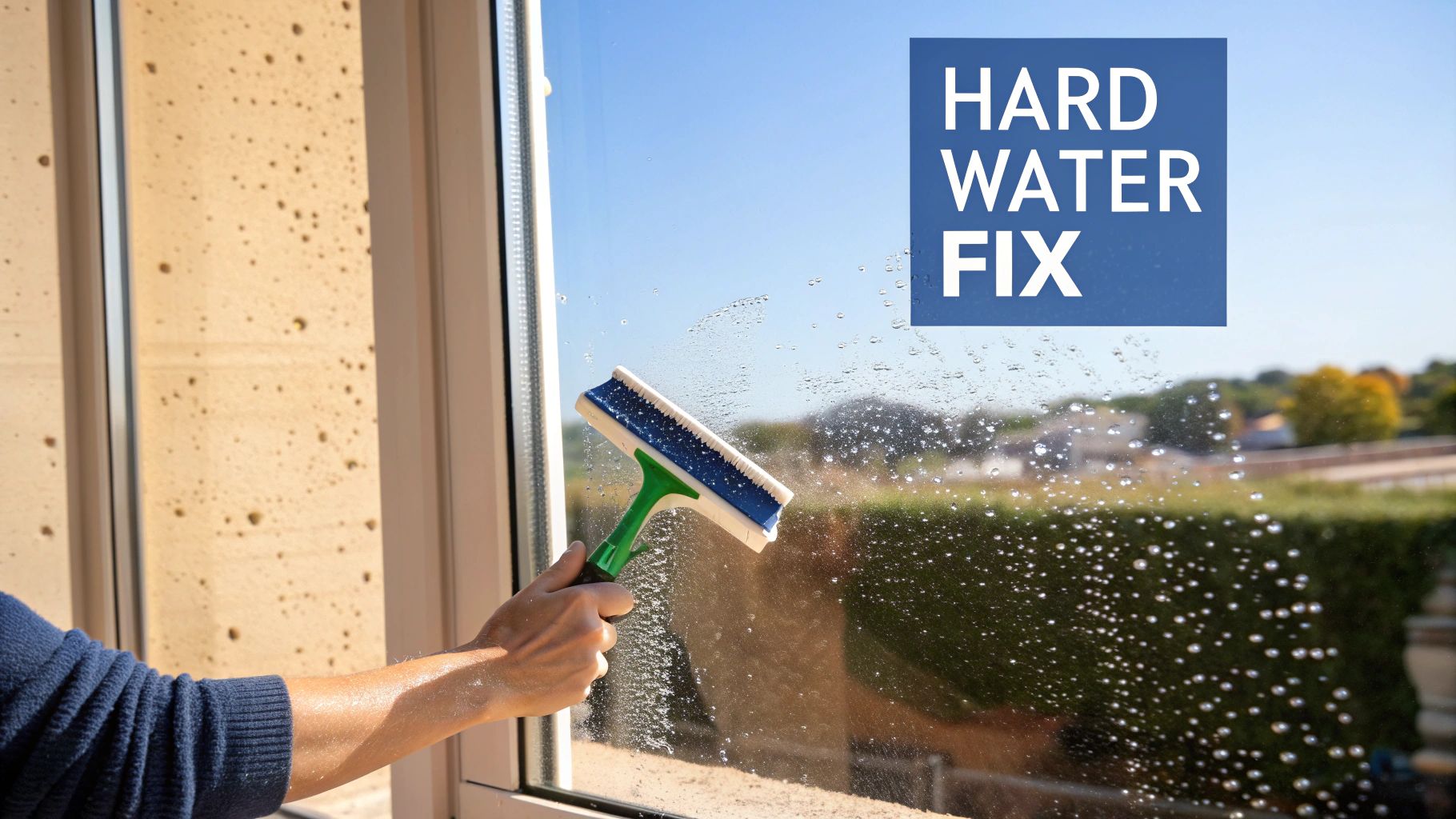A person cleaning a window with a squeegee, demonstrating a hard water fix for sparkling clean glass.