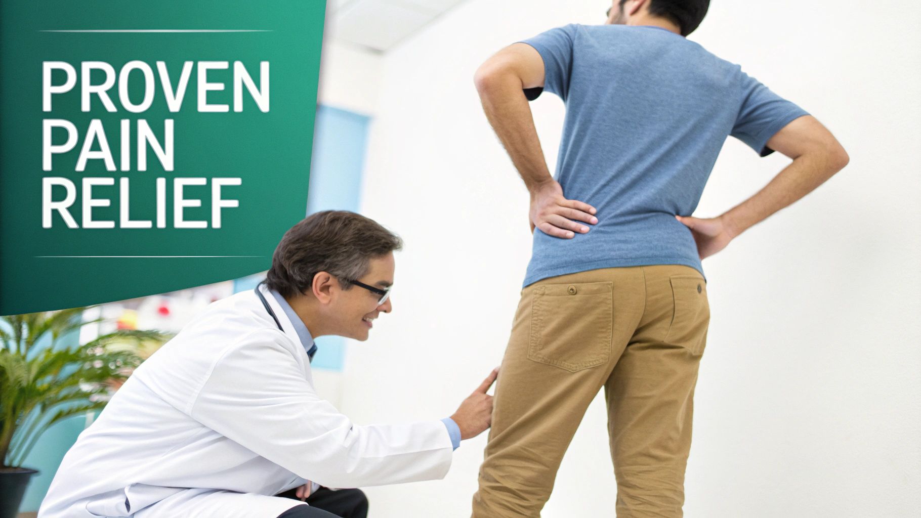 Doctor consulting a male patient with lower back pain, pointing to his leg for proven relief.