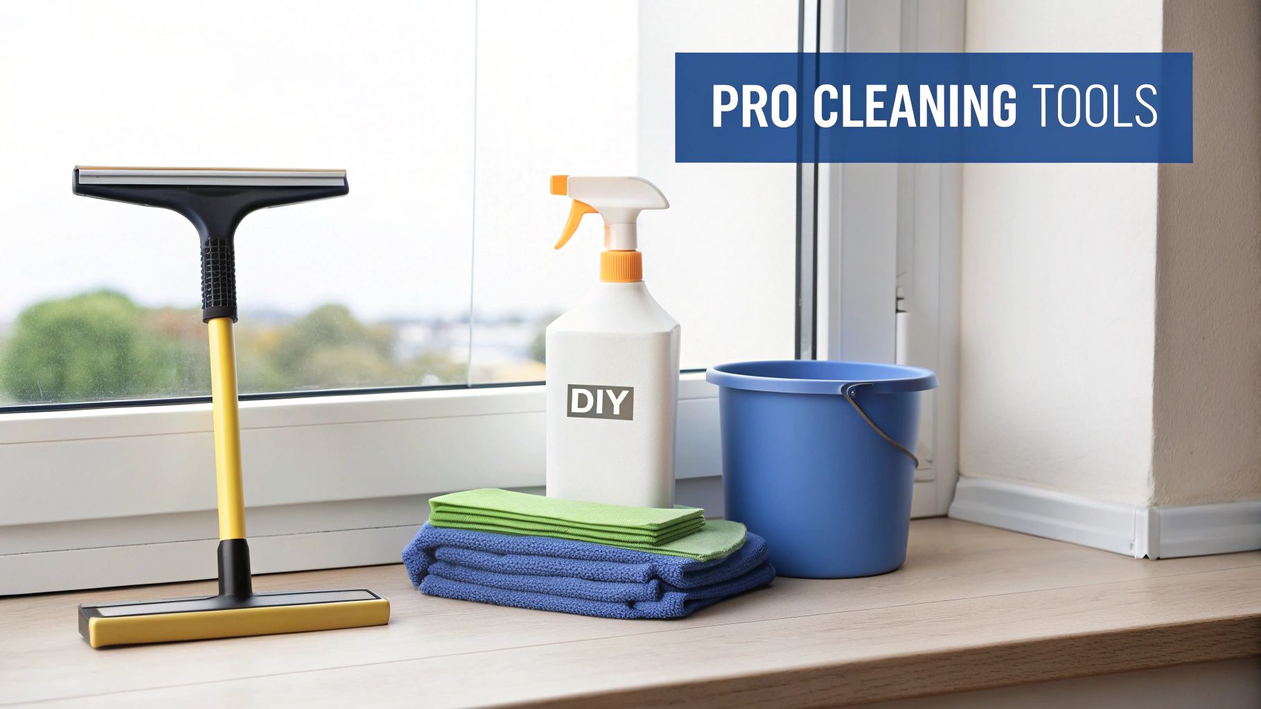 Professional window cleaner holding a squeegee against a large, clean window.