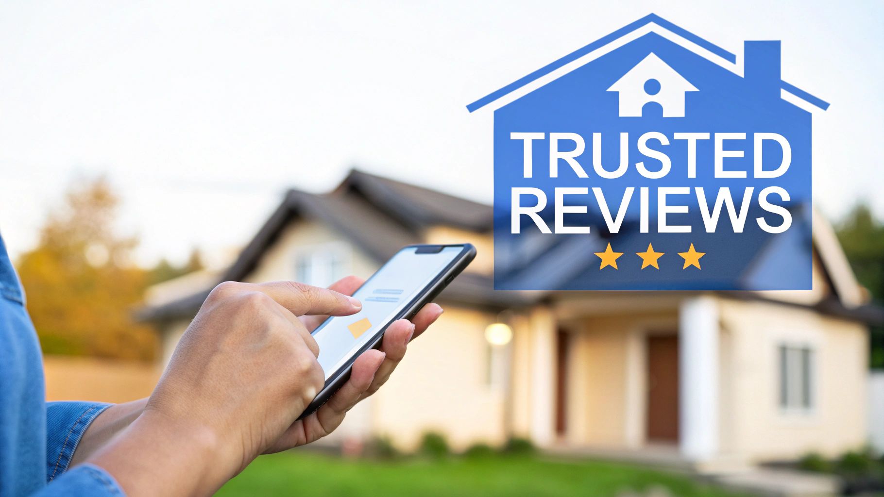 Person using a smartphone with a 'Trusted Reviews' house sign (3 stars) overlaid on a blurred house background.