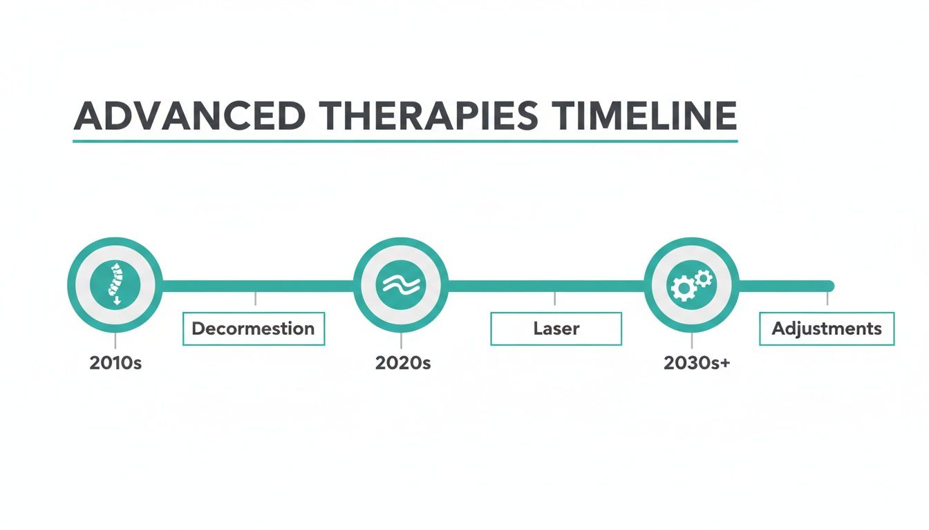 A timeline depicting advanced therapies from the 2010s to 2030s+, including decormestion, laser, and adjustments.