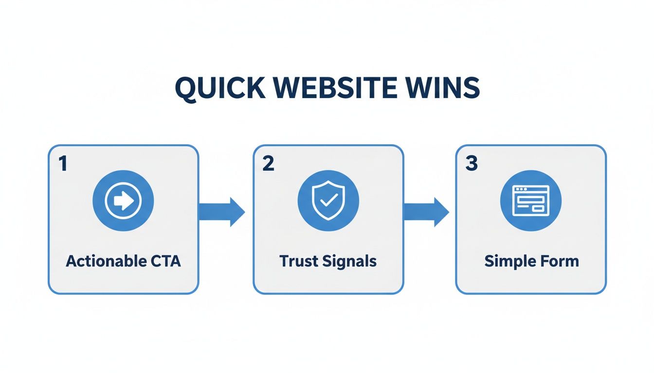 Diagram illustrating three quick website wins: actionable CTA, trust signals, and simple form.