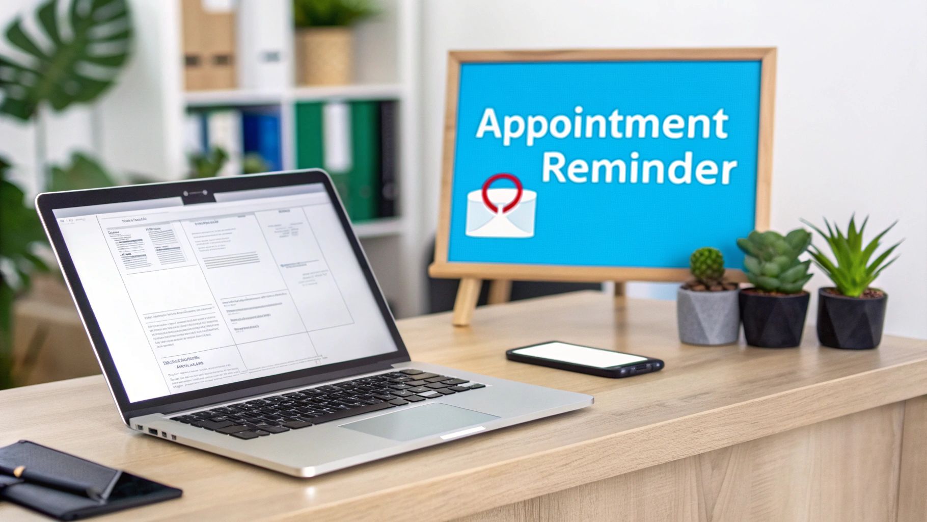 A professional desk setup featuring a laptop, smartphone, and an 'Appointment Reminder' sign with plants.