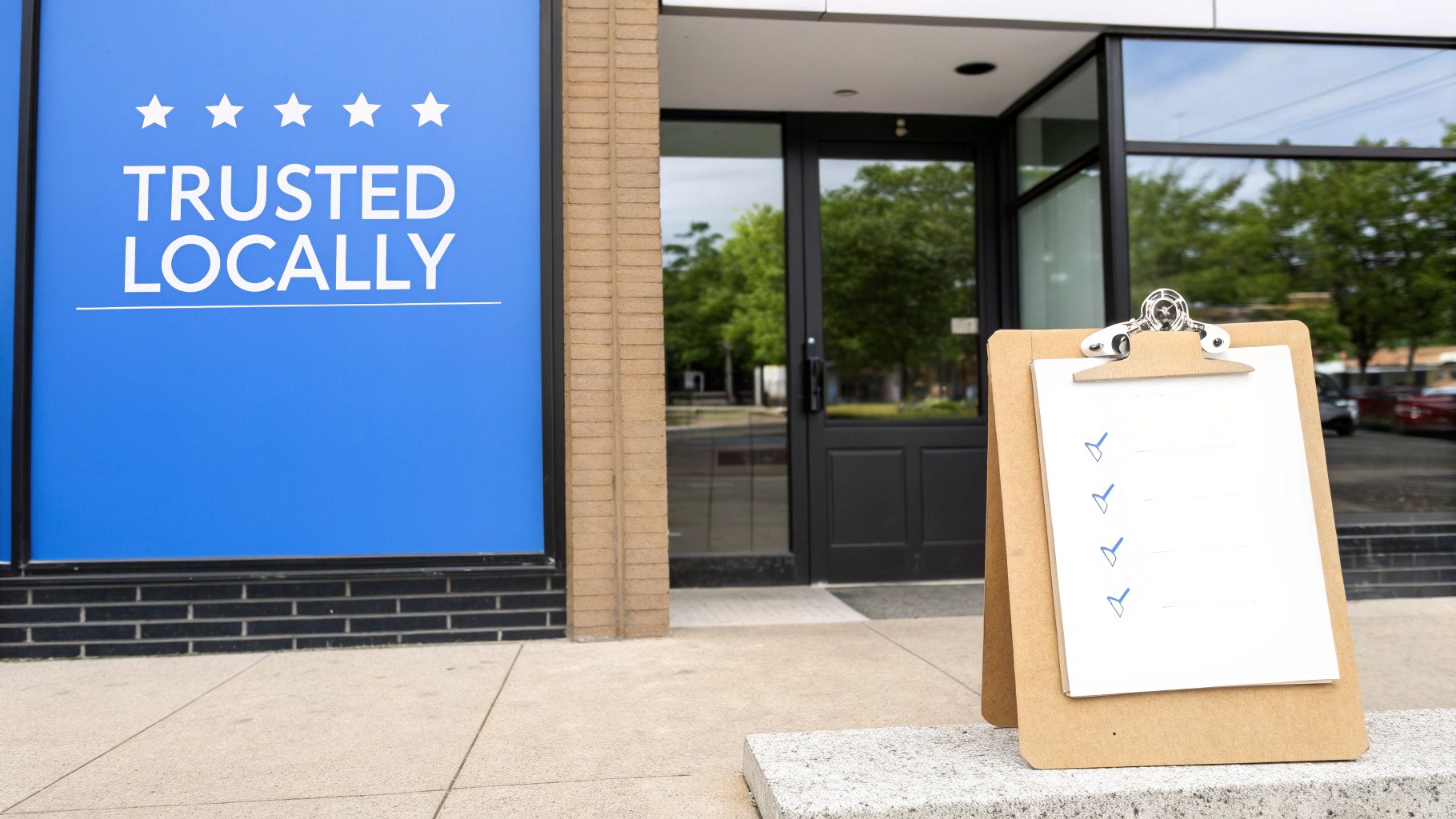 A blue storefront sign displaying 'TRUSTED LOCALLY' with five stars, alongside a clipboard with a checklist.