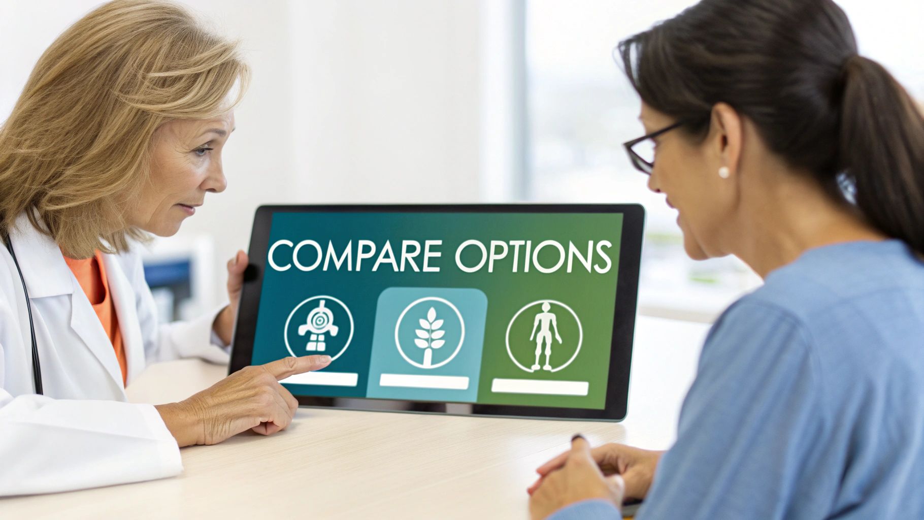 A female doctor discusses medical treatment options with a patient, pointing at a tablet screen.