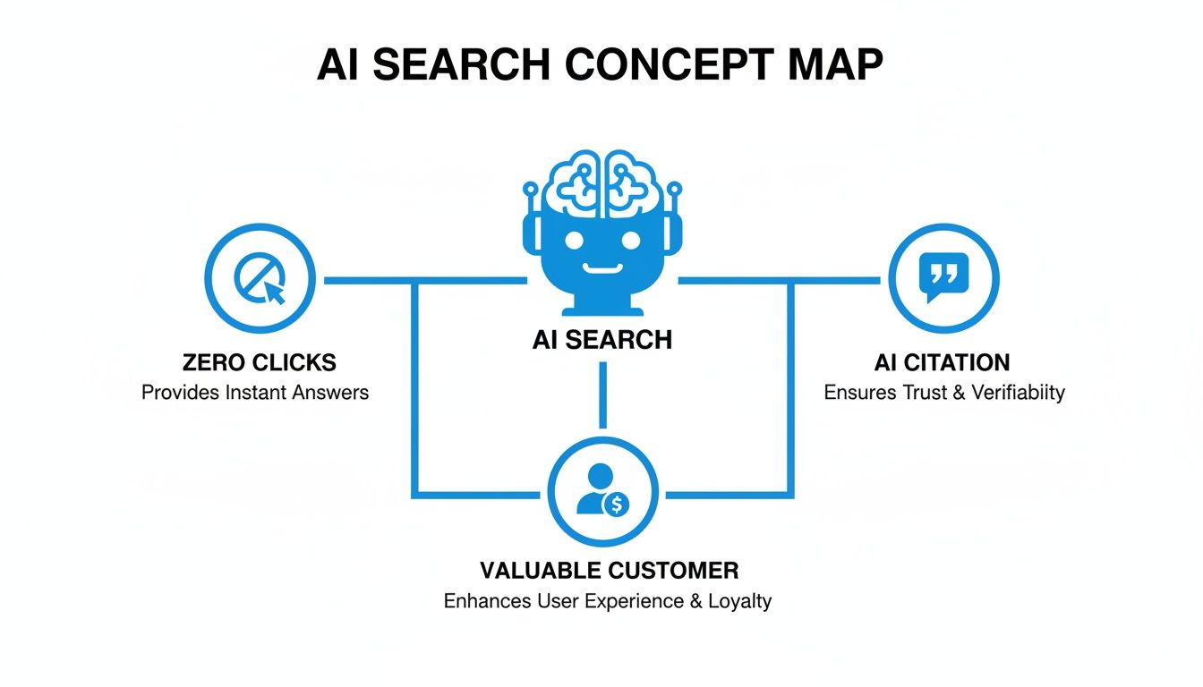 Concept map illustrating AI search benefits: instant answers, trusted citations, and enhanced customer experience.