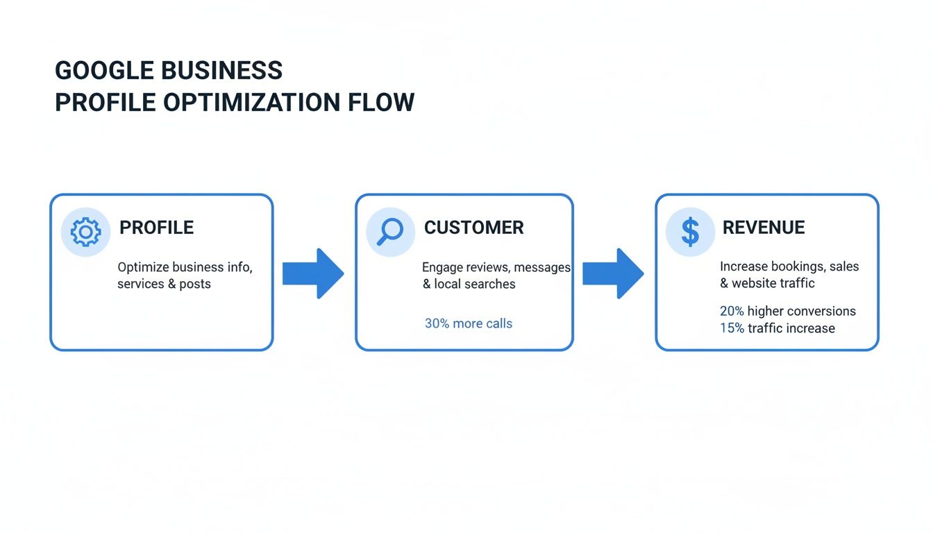 Flowchart illustrating the Google Business Profile optimization process, showing steps from profile to revenue.