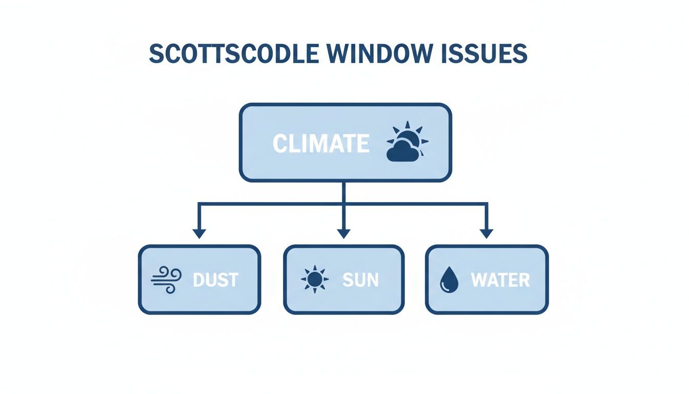 Flowchart showing Scottsdale window issues due to climate, specifically dust, sun, and water.