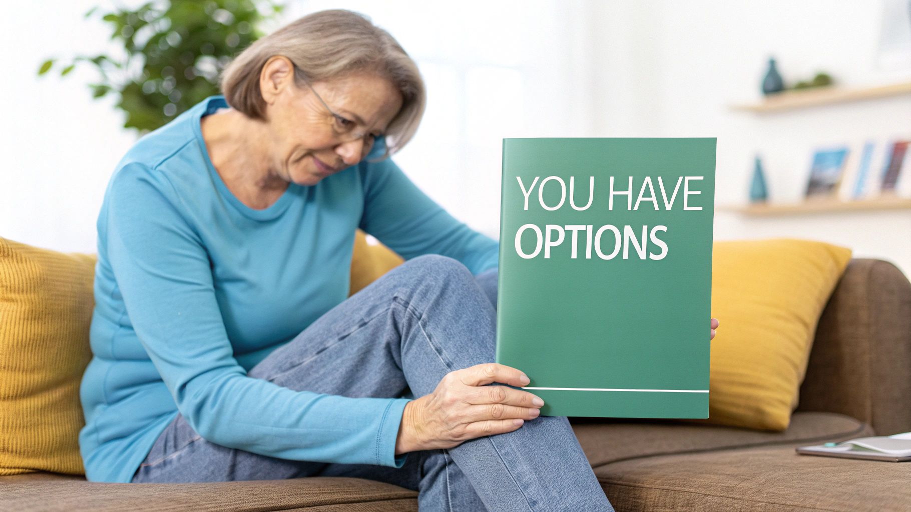 An older woman sits on a couch, looking at a green sign that reads 'YOU HAVE OPTIONS'.