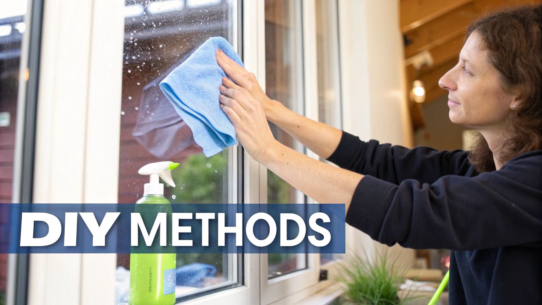 A woman cleaning a window with a blue microfiber cloth and a green spray bottle, showcasing DIY methods.