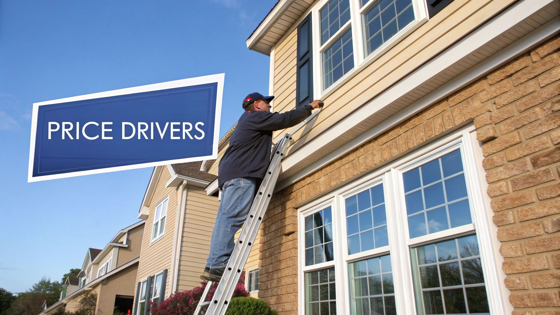 A person on a ladder cleans a residential window on a house with siding and brick under a blue sky.