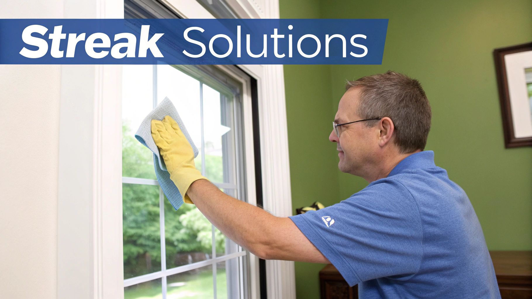 A man wearing glasses and yellow gloves cleans a window with a blue cloth indoors.