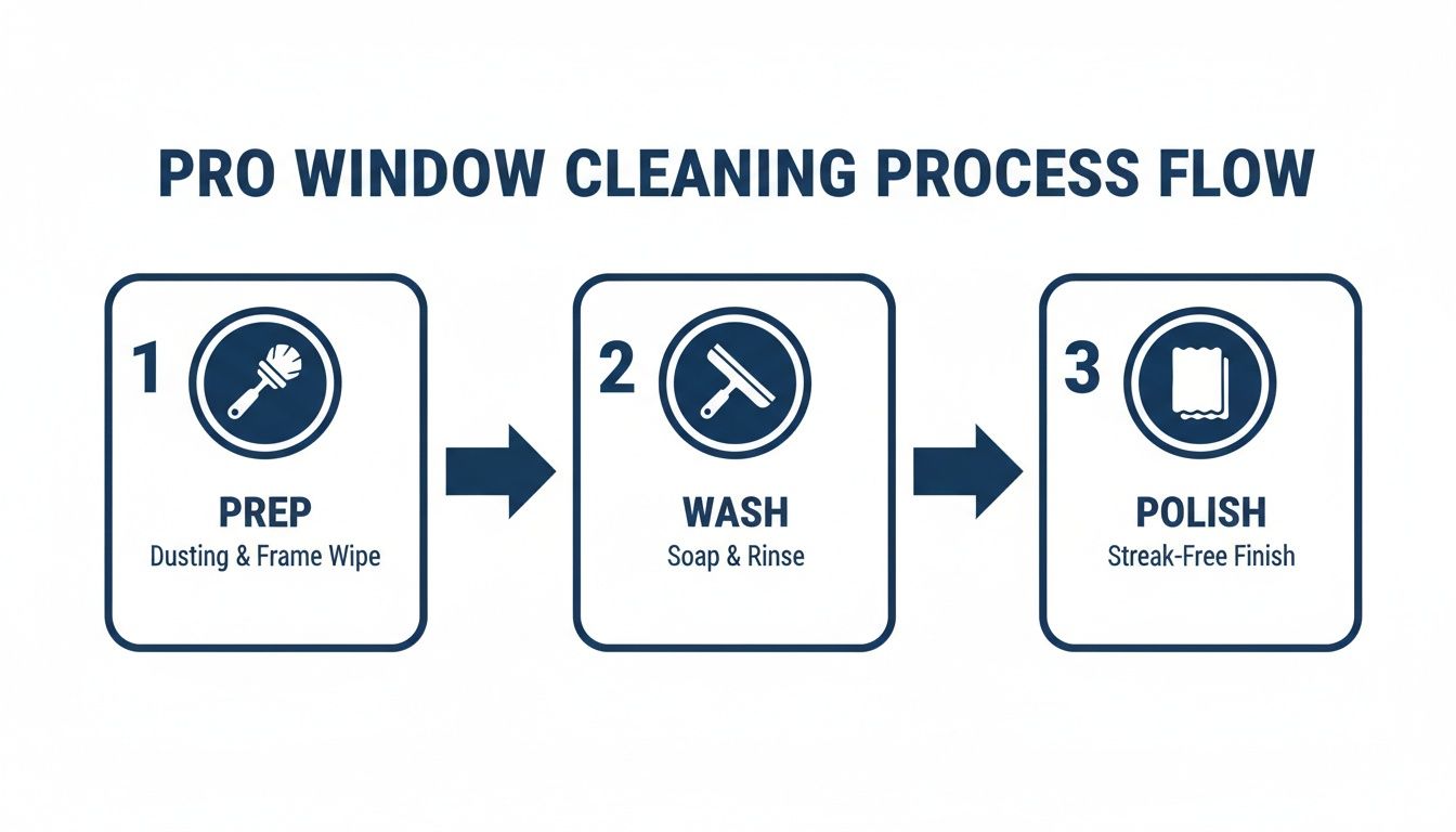 Flowchart illustrating a professional window cleaning process: Prep, Wash, and Polish for a streak-free finish.
