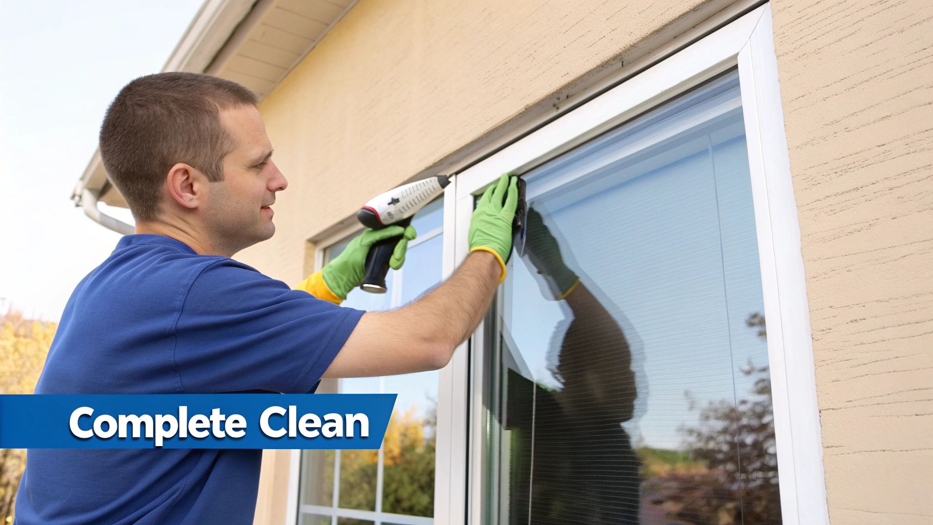 A professional window cleaner wiping down a window frame.