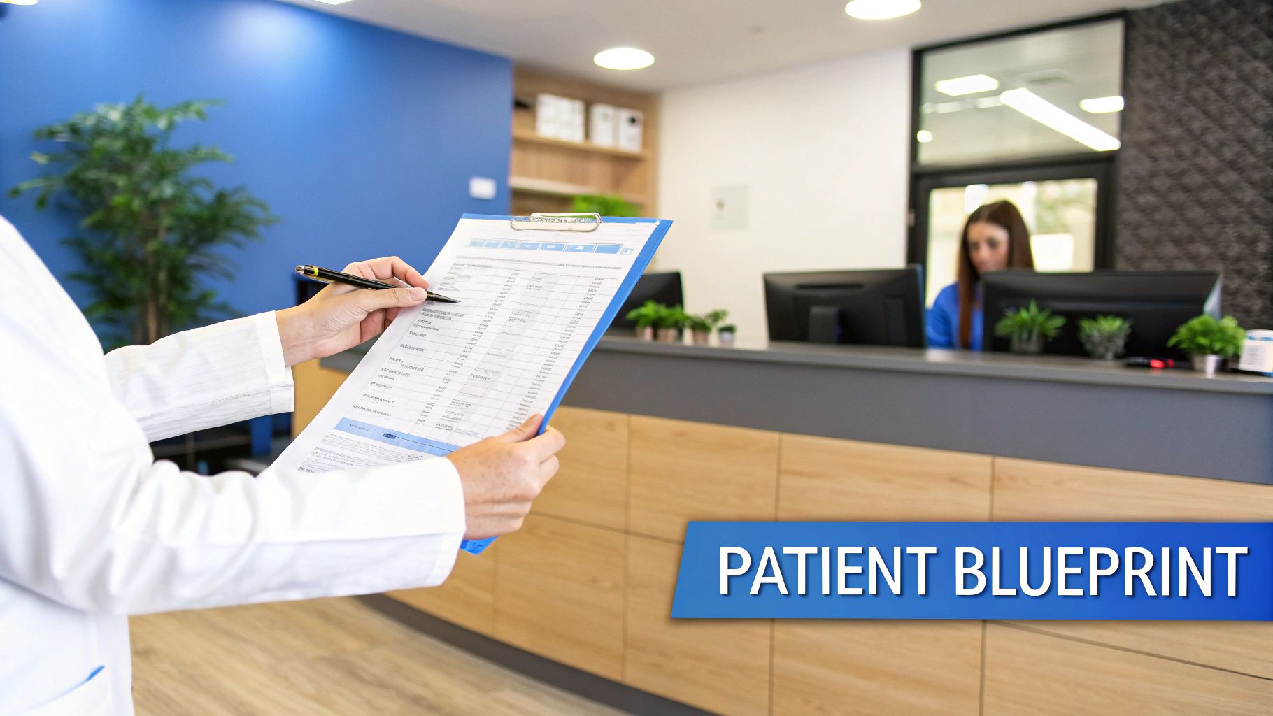 A medical professional reviews a patient's blueprint on a clipboard in a modern clinic reception area.