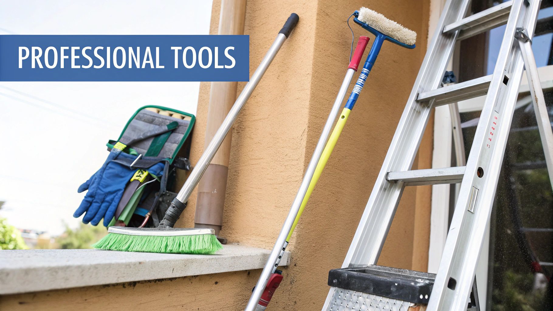 Professional window cleaning tools, including a ladder, long-handled brushes, and a tool belt, leaning against a building.