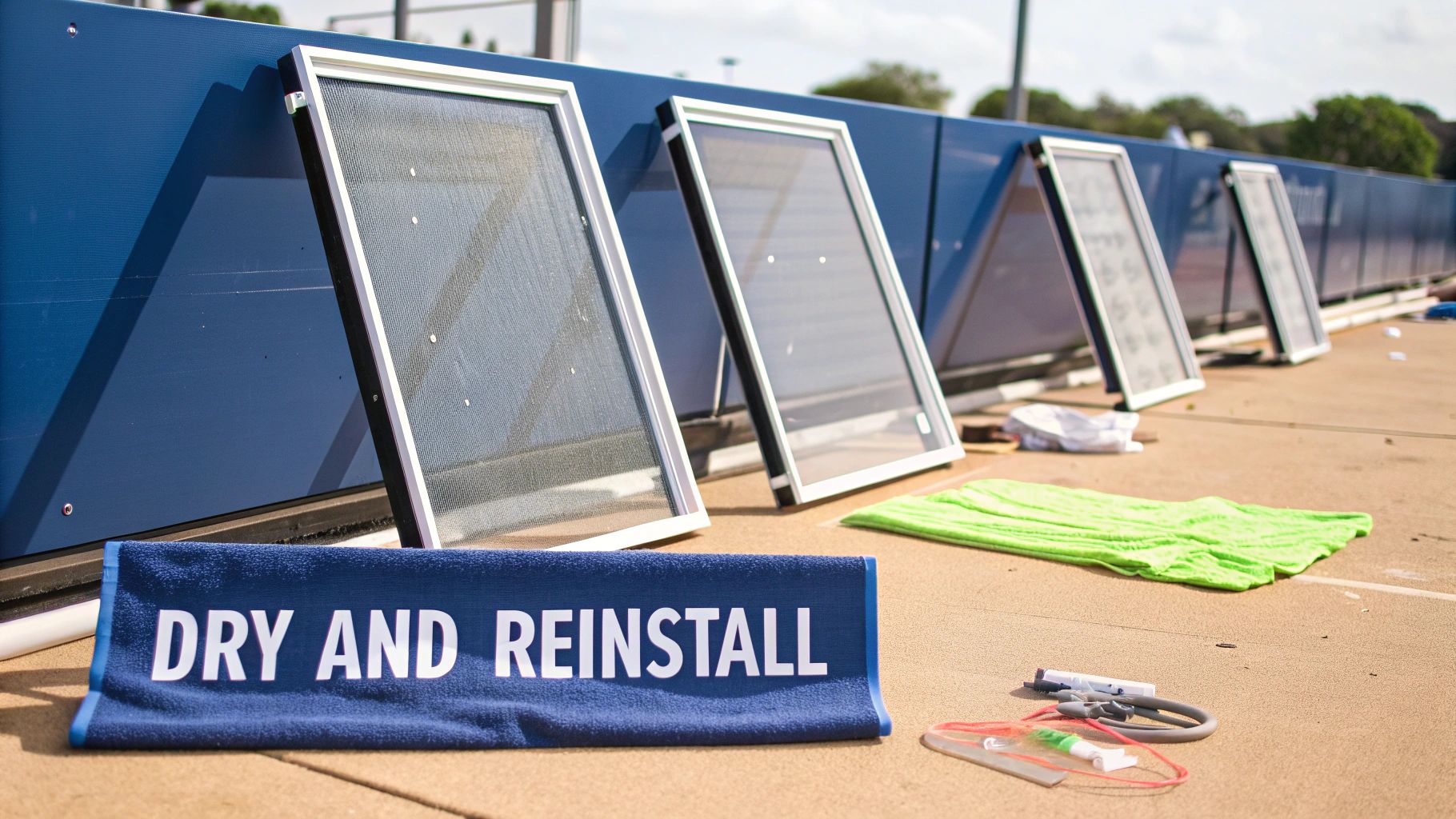 A freshly cleaned window screen leaning against a wall to air dry in the sun.