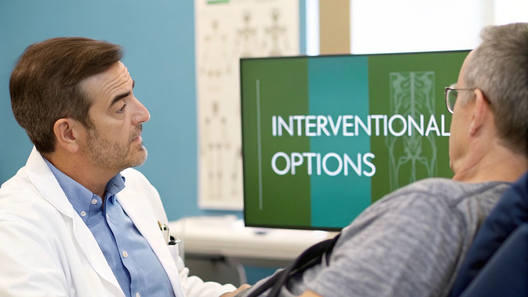 A doctor in a white coat discusses interventional treatment options with a patient.