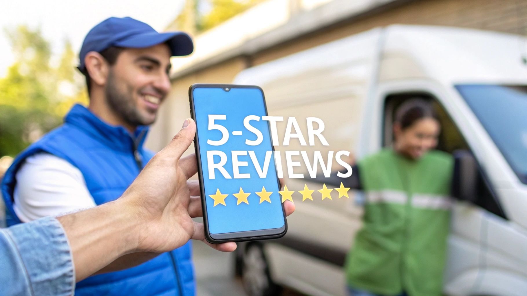 A hand holds a smartphone displaying '5-STAR REVIEWS' with delivery people and a van in the background.