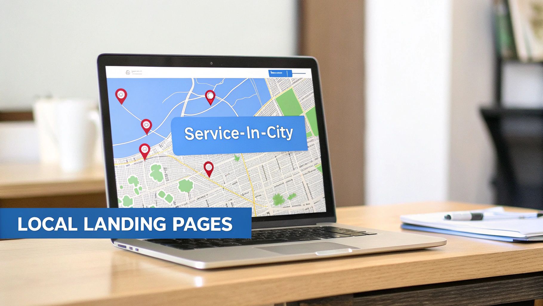 Laptop screen shows a map with location pins and 'Service-In-City' text, highlighting local landing pages for businesses.