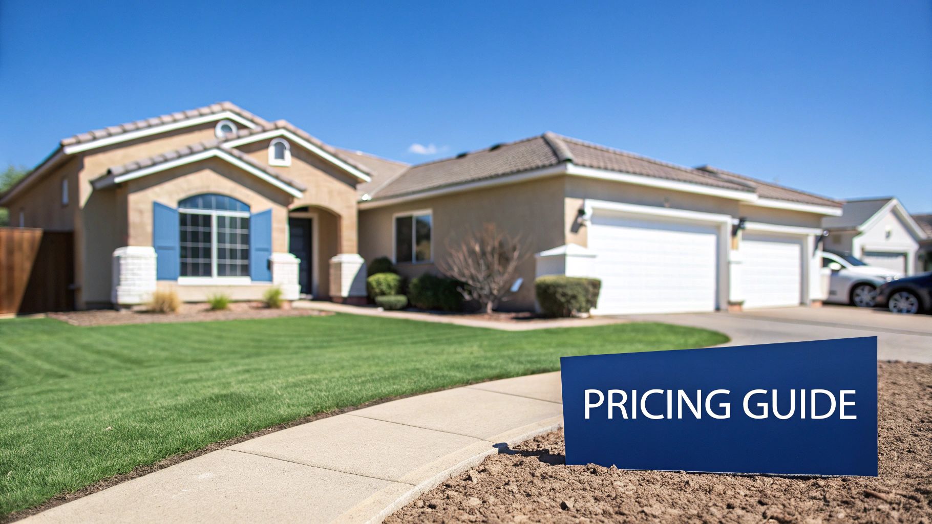 A beige house with blue shutters, a green lawn, and a 'PRICING GUIDE' sign in front.