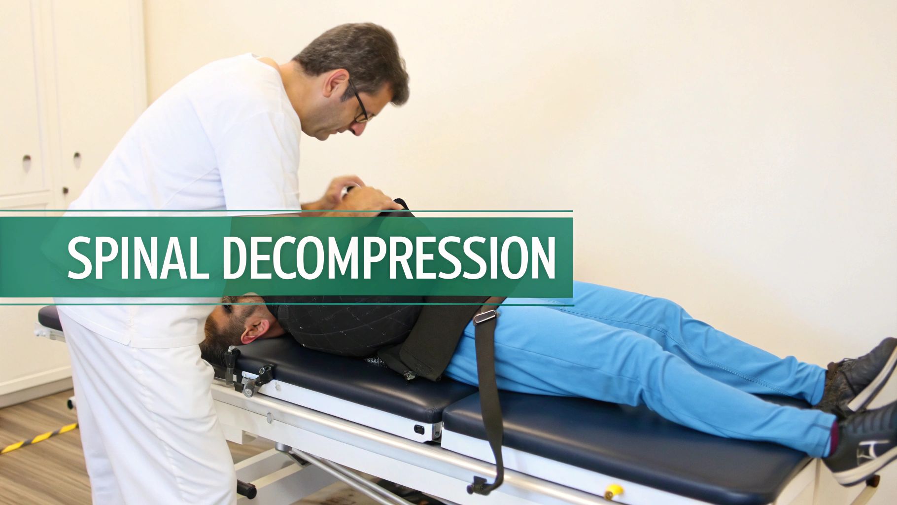 A physical therapist performs spinal decompression therapy on a male patient's neck on a treatment bed.