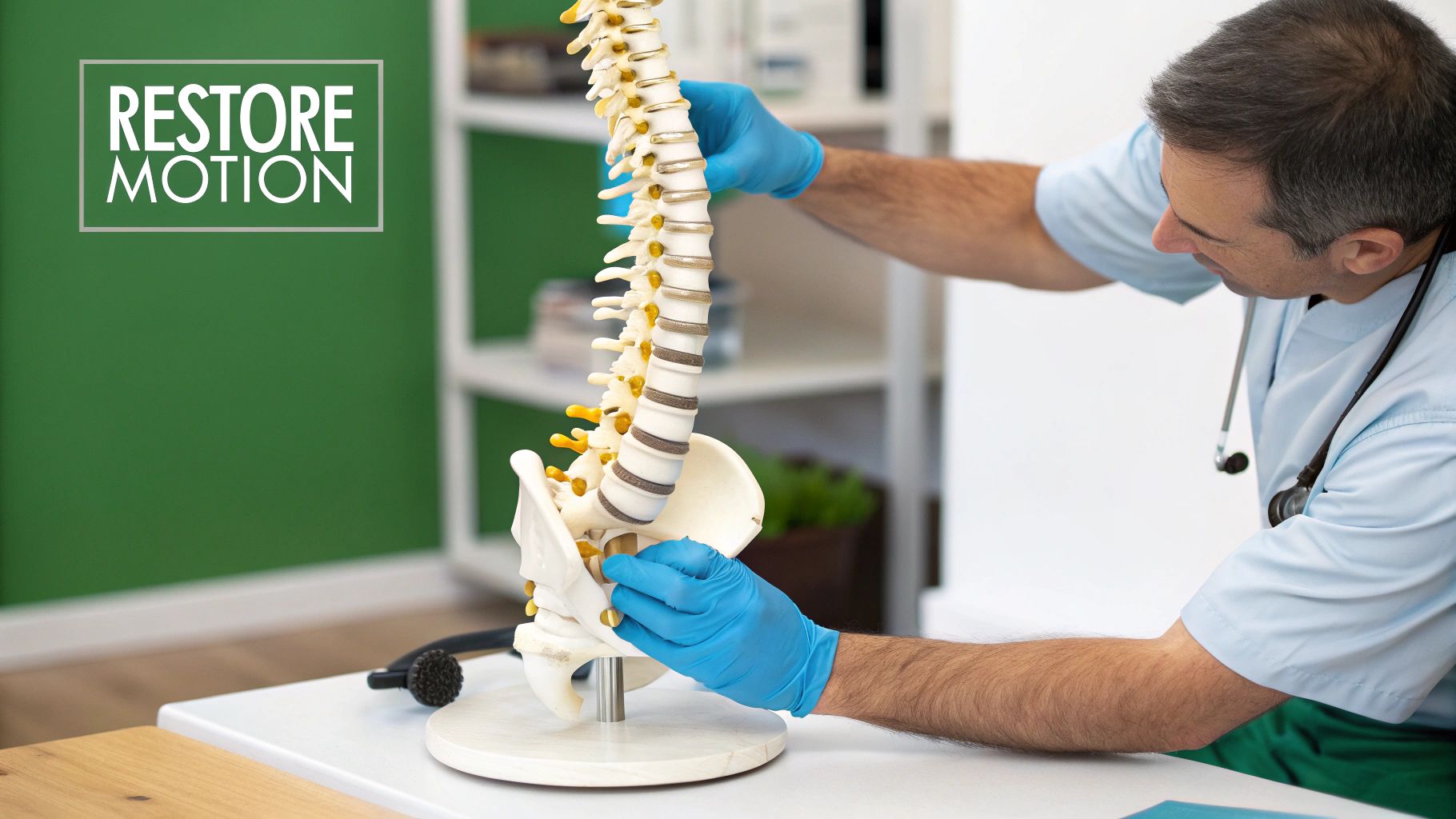A chiropractor wearing blue gloves examines a human spine model in a clinic setting.