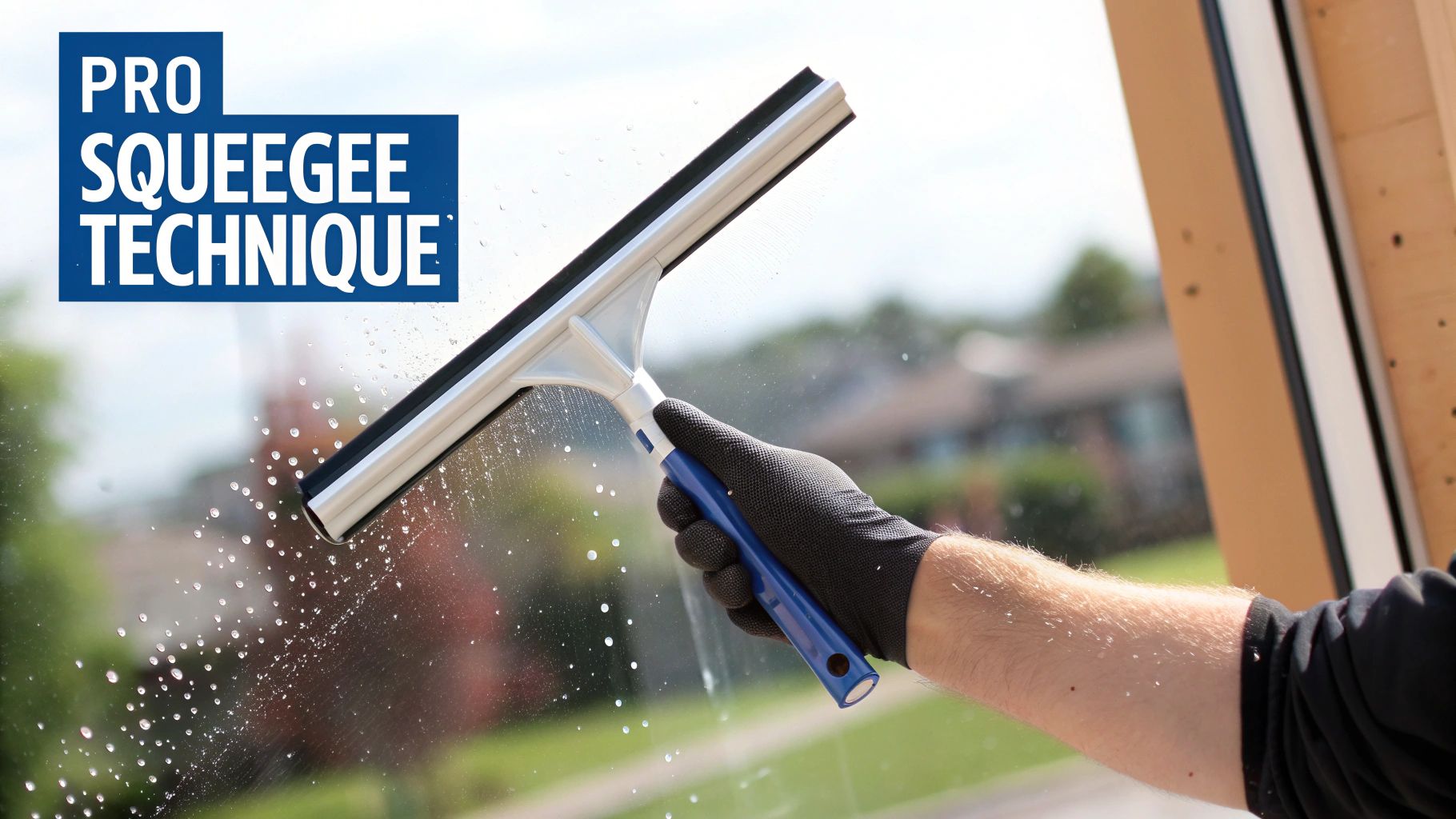 A person's gloved hand holds a window squeegee, cleaning a glass window with water droplets. Text says 'PRO SQUEEGEE TECHNIQUE'.