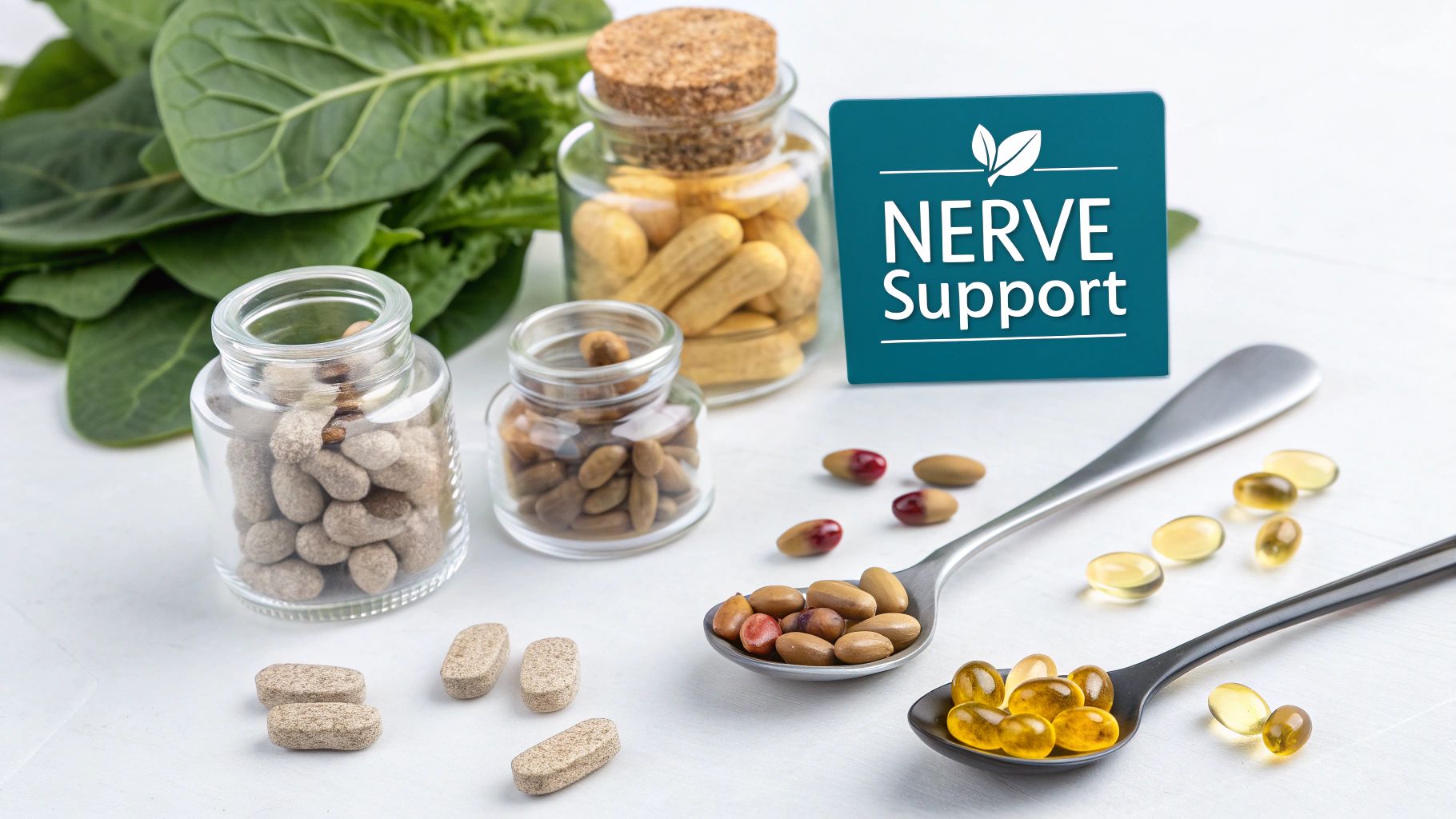 Various nerve support supplements, including pills, capsules, and fresh spinach, displayed on a white surface.